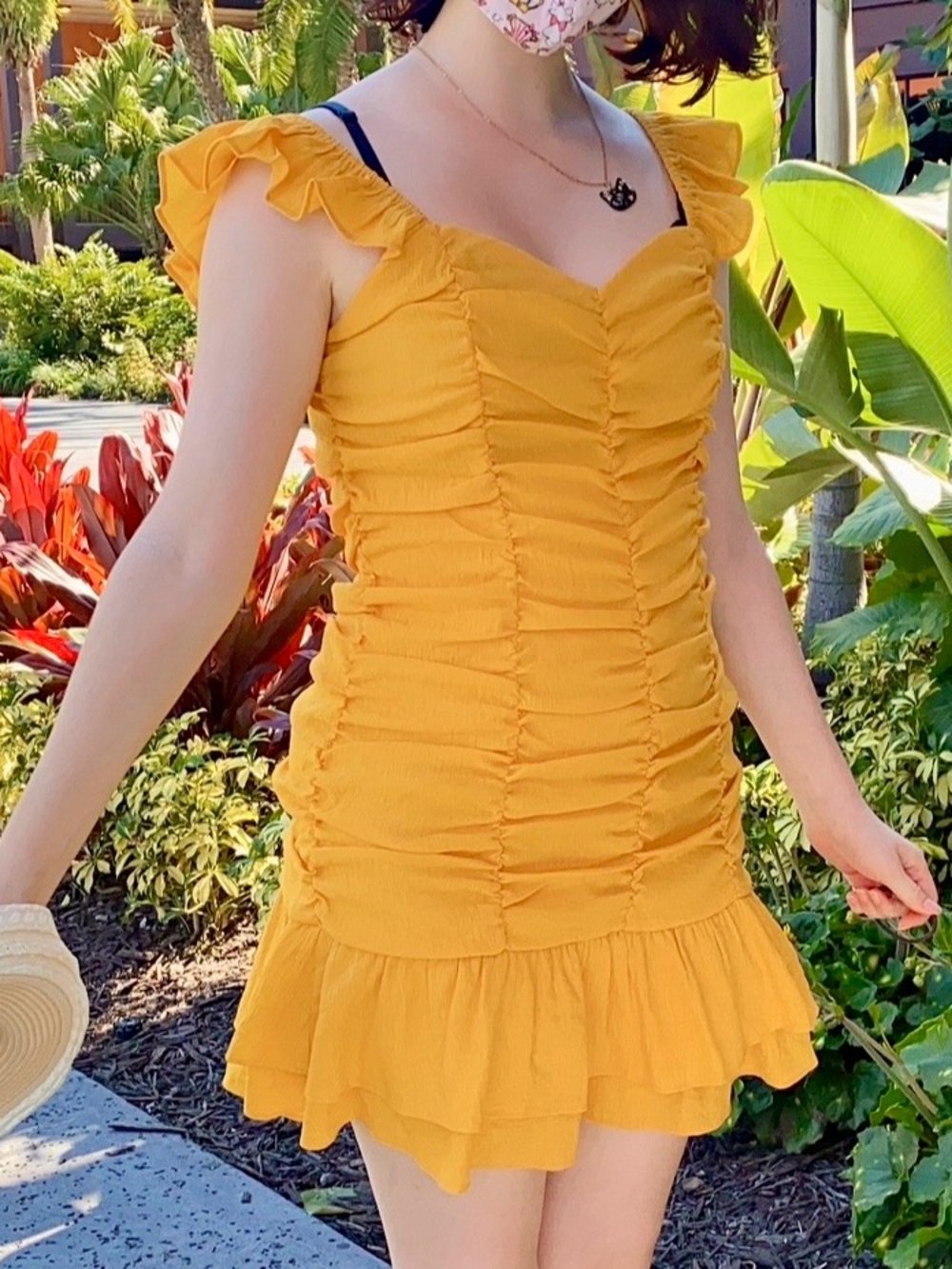 Ruched Ruffled Gold Mini Dress